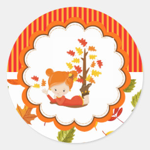 Hand Painted Autumn Adorable Girl Round Sticker