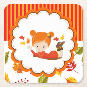 Hand Painted Autumn Adorable Girl   Square Paper Coaster