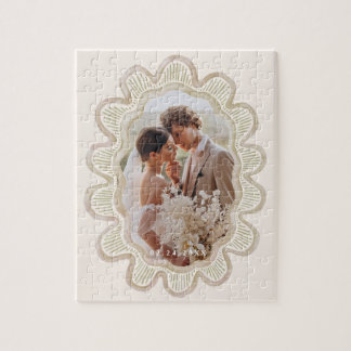 Hand-painted beige scalloped oval photo frame  jigsaw puzzle