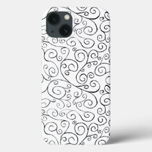 Hand-Painted Black Curvy Pattern on White iPhone 13 Case