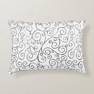 Hand-Painted Black Curvy Pattern on White Decorative Pillow