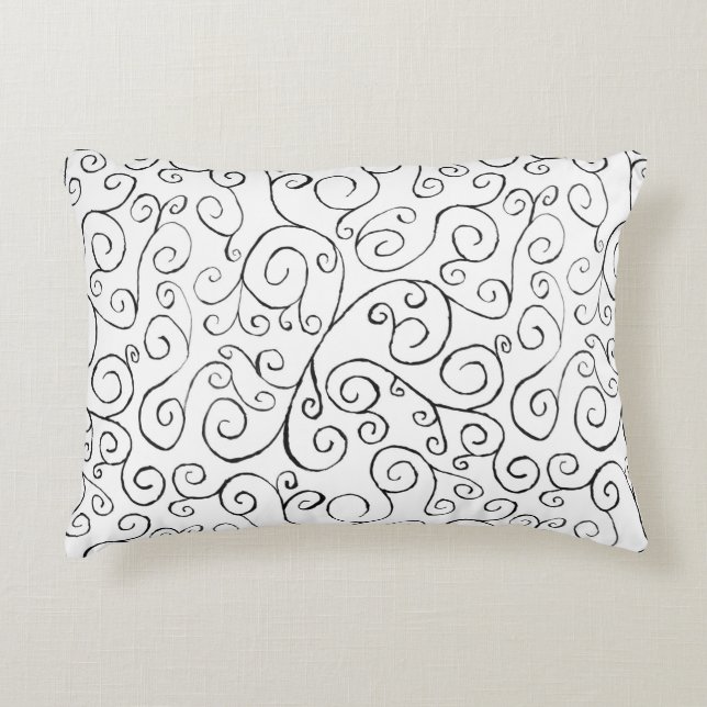 Hand-Painted Black Curvy Pattern on White Decorative Pillow (Front)