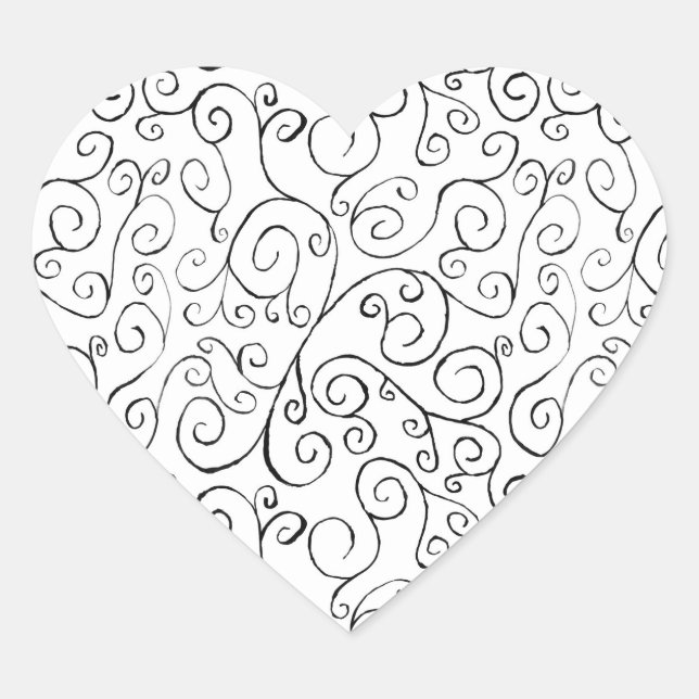 Hand-Painted Black Curvy Pattern on White Heart Sticker (Front)
