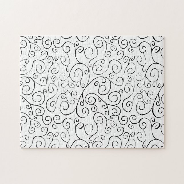 Hand-Painted Black Curvy Pattern on White Jigsaw Puzzle (Horizontal)