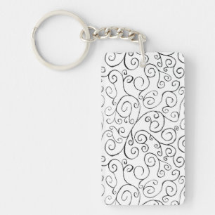 Hand-Painted Black Curvy Pattern on White Keychain