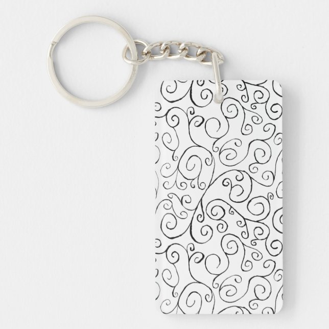 Hand-Painted Black Curvy Pattern on White Keychain (Front)