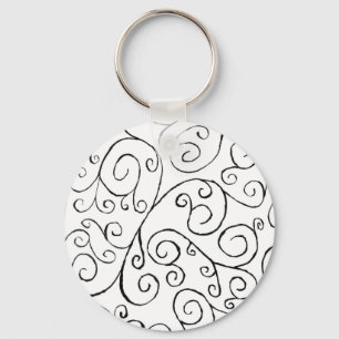 Hand-Painted Black Curvy Pattern on White Keychain