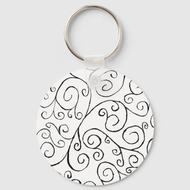 Hand-Painted Black Curvy Pattern on White Keychain (Front)