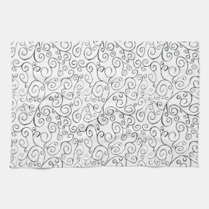 Hand-Painted Black Curvy Pattern on White Kitchen Towel