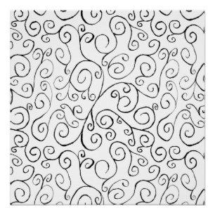 Hand-Painted Black Curvy Pattern on White Poster