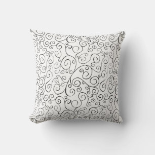 Hand-Painted Black Curvy Pattern on White Throw Pillow