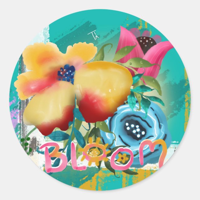 Hand-painted BLOOM Spring Floral Blossoms Classic Round Sticker (Front)