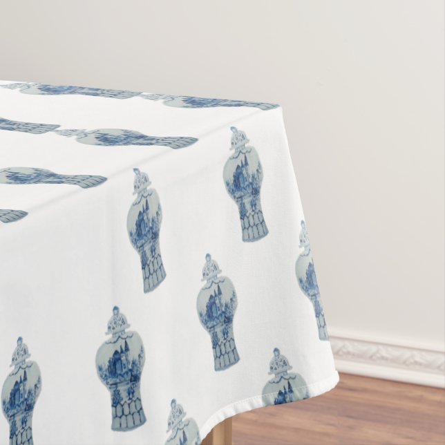 Hand Painted Blue and White Ginger Jar Tablecloth (In Situ)