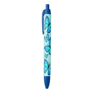 Hand-Painted Blue Butterly Pattern Black Ink Pen