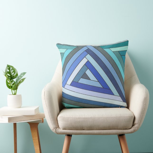 Hand Painted Blue Geometric Triangle Design Throw Pillow (Chair)