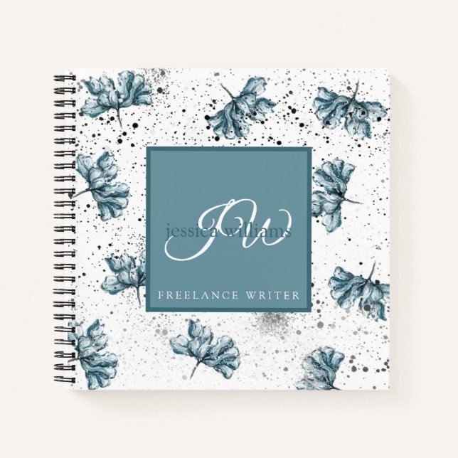 Hand painted blue personalized Floral design Notebook (Front)