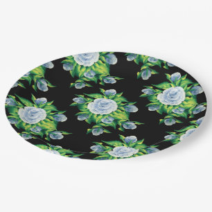 Hand Painted Blue Roses Pattern Paper Plates