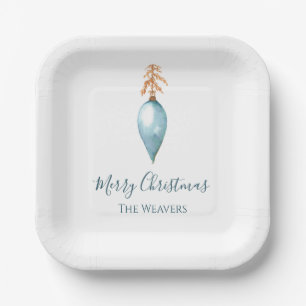 Hand Painted Blue Watercolor Personalize Christmas Paper Plate