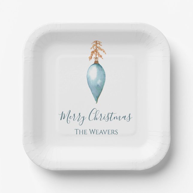 Hand Painted Blue Watercolor Personalize Christmas Paper Plate (Front)