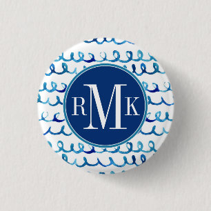 Hand Painted Blue Watercolor Wavy Pattern 1 Inch Round Button