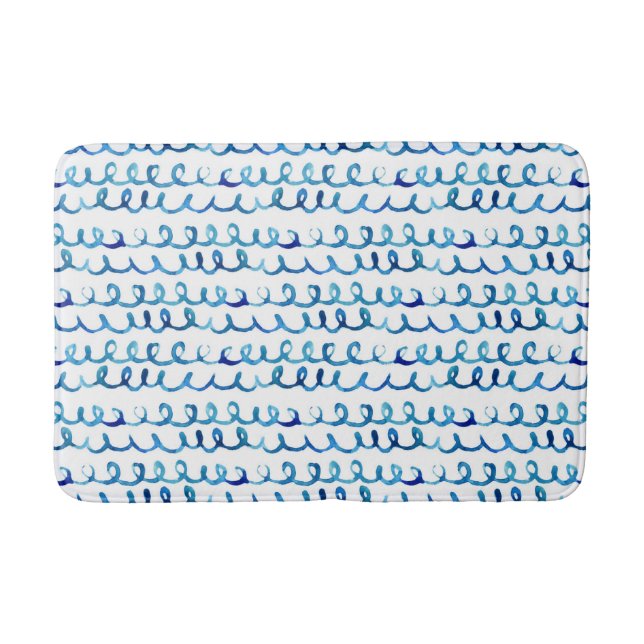 Hand Painted Blue Watercolor Wavy Pattern Bath Mat (Front)