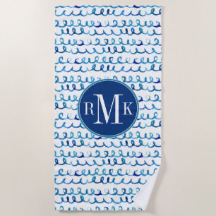 Hand Painted Blue Watercolor Wavy Pattern Beach Towel