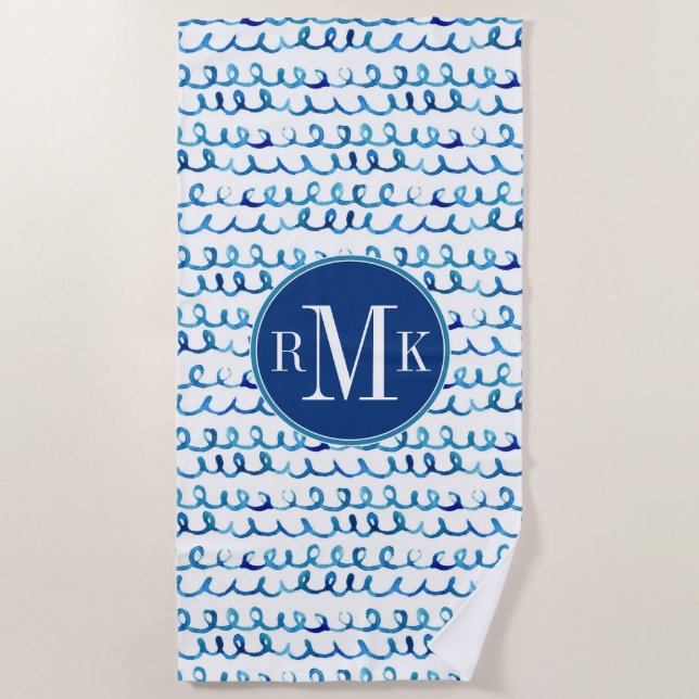 Hand Painted Blue Watercolor Wavy Pattern Beach Towel (Front)