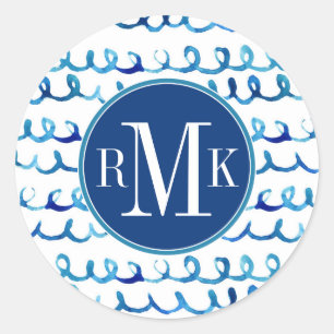 Hand Painted Blue Watercolor Wavy Pattern Classic Round Sticker
