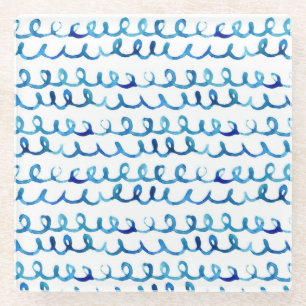 Hand Painted Blue Watercolor Wavy Pattern Glass Coaster