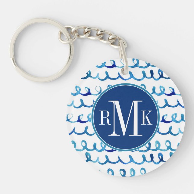Hand Painted Blue Watercolor Wavy Pattern Keychain (Front)