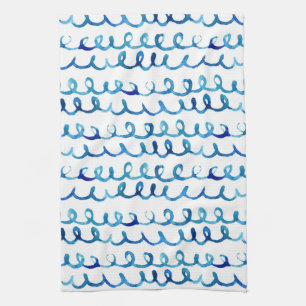 Hand Painted Blue Watercolor Wavy Pattern Kitchen Towel