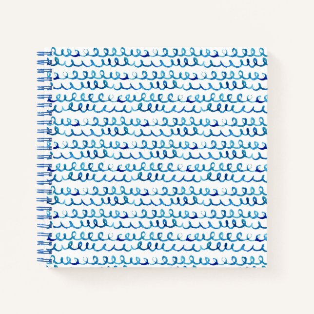 Hand Painted Blue Watercolor Wavy Pattern Notebook (Front)