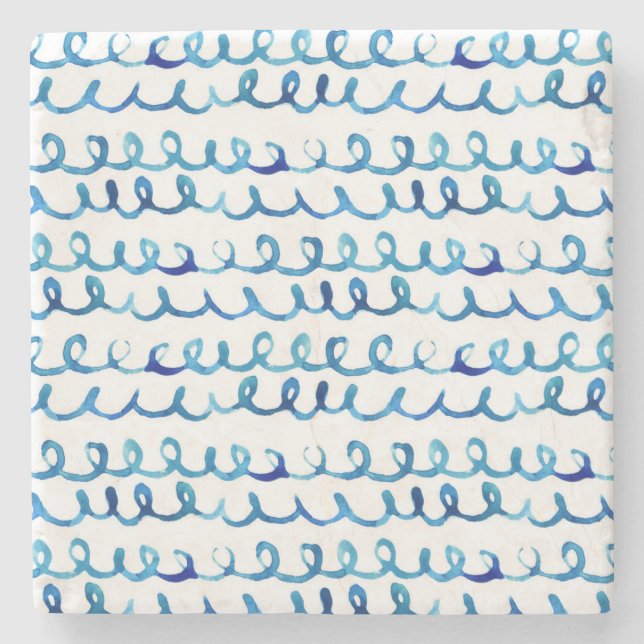 Hand Painted Blue Watercolor Wavy Pattern Stone Coaster (Front)
