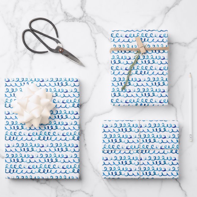 Hand Painted Blue Watercolor Wavy Pattern Wrapping Paper Sheet (Front)