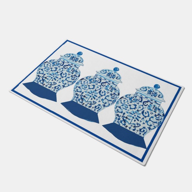 Hand Painted Blue  White Ginger Jar Rug Doormat (Angled)