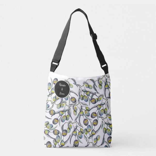 Hand-painted Boho Olive Branch Crossbody Bag (Front)