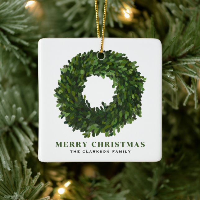 Hand Painted Boxwood Wreath Merry Christmas Ceramic Ornament (Tree)