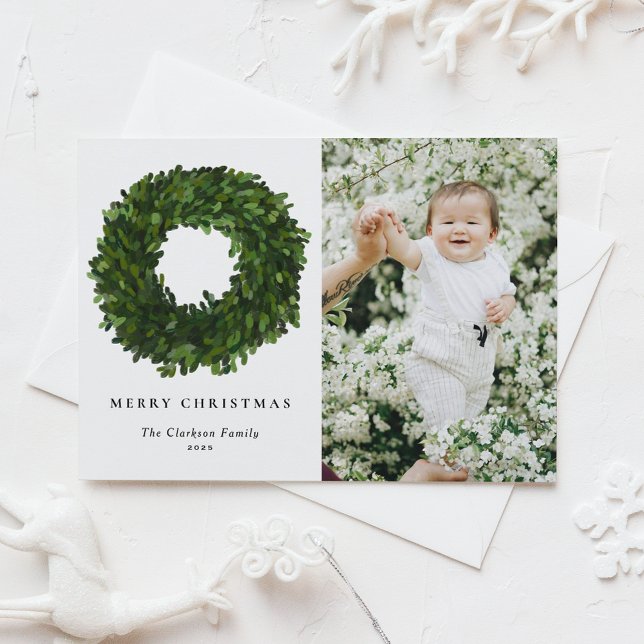 Hand Painted Boxwood Wreath Merry Christmas Photo Holiday Postcard (Creator Uploaded)