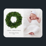 Hand Painted Boxwood Wreath Photo First Christmas Magnet<br><div class="desc">Celebrate the holiday spirit with our customizable photo Christmas magnet! Perfect for capturing your favourite festive moments, this magnet allows you to create a unique keepsake that showcases your family’s joy and love during the holiday season. This photo Christmas magnet features a handpainted boxwood wreath. Personalize by adding your details....</div>