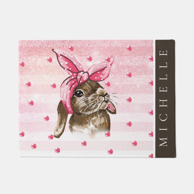 Hand painted Bunny glitter personalized Doormat (Front)