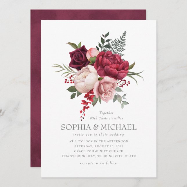 Hand Painted Burgundy Rose Floral Silver Script Invitation (Front/Back)