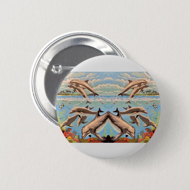 Hand Painted By Number | Playful Dolphins | 2 Inch Round Button (Front & Back)