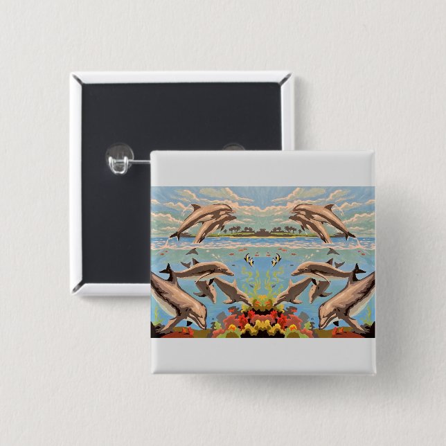 Hand Painted By Number | Playful Dolphins | 2 Inch Square Button (Front & Back)