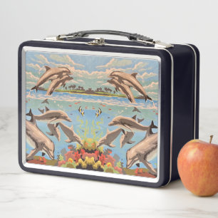 Hand Painted By Number Playful Dolphins Metal Lunch Box