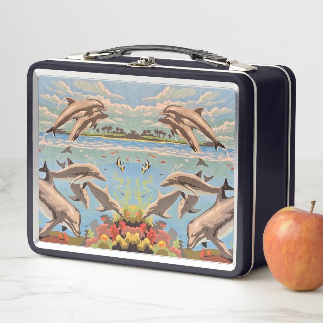 Hand Painted By Number | Playful Dolphins | Metal Lunch Box (In Situ)