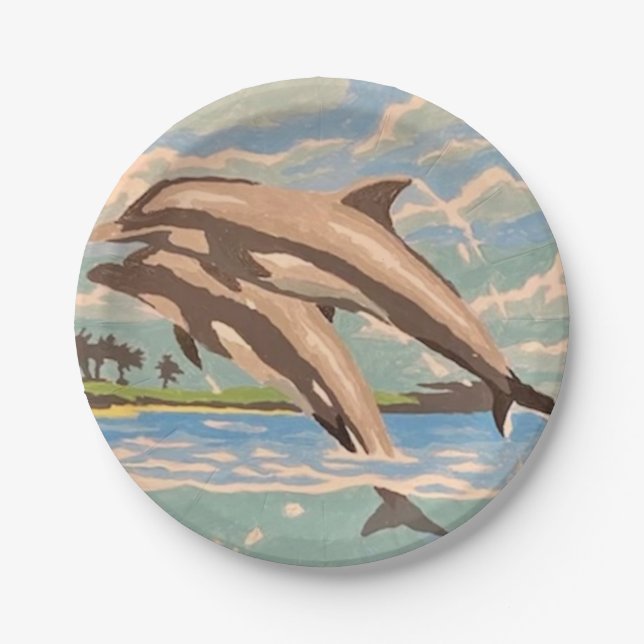 Hand Painted By Number | Playful Dolphins | Paper Plate (Front)