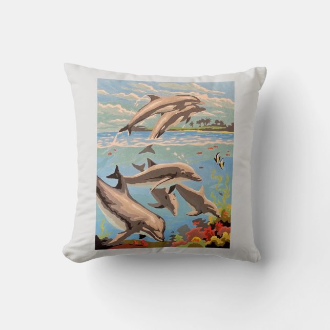 Hand Painted By Number | Playful Dolphins | Throw Pillow (Front)