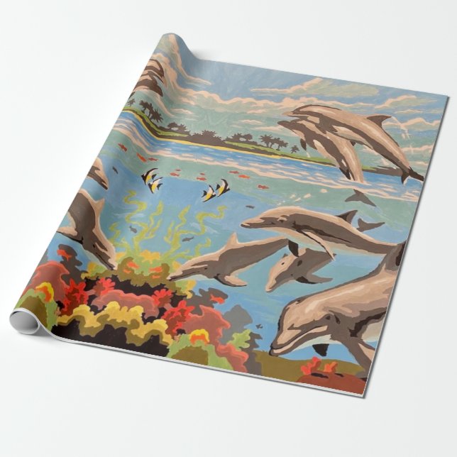Hand Painted By Number | Playful Dolphins | Wrapping Paper (Unrolled)