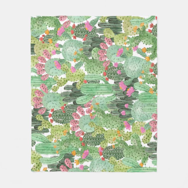 Hand Painted Cactus: Desert Green Fleece Blanket (Front)