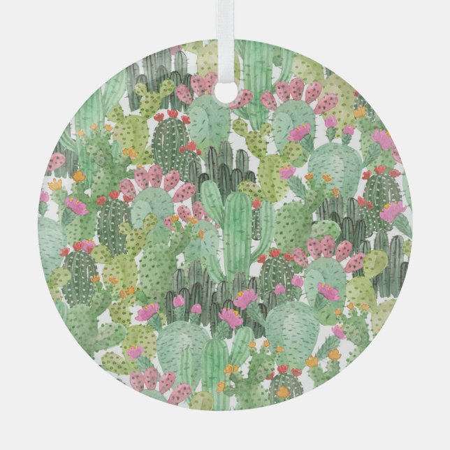 Hand Painted Cactus: Desert Green Glass Ornament (Front)